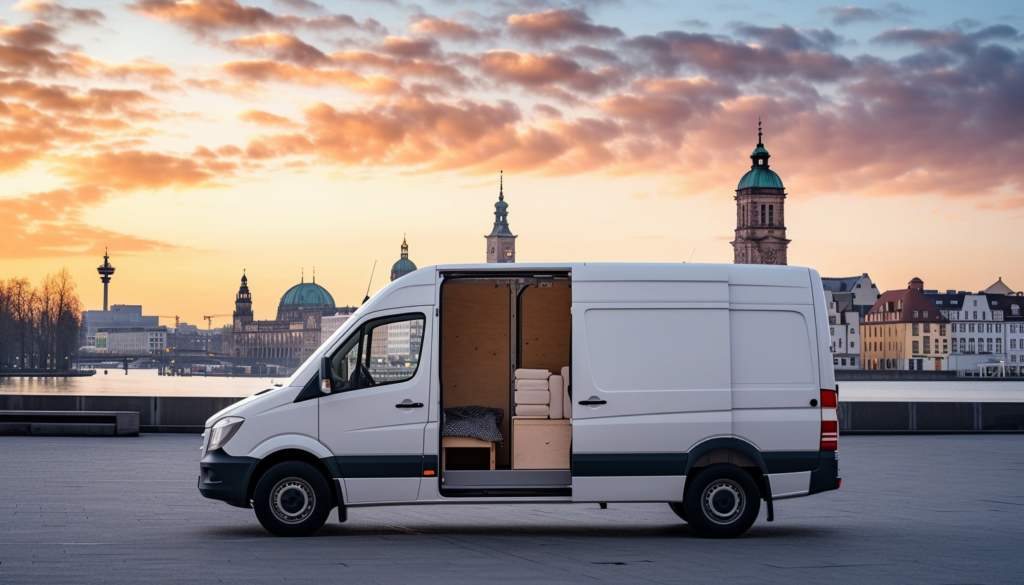 Transporter mit Kartons einer Umzugsfirma mitten in Hannover auf einem großen Platz